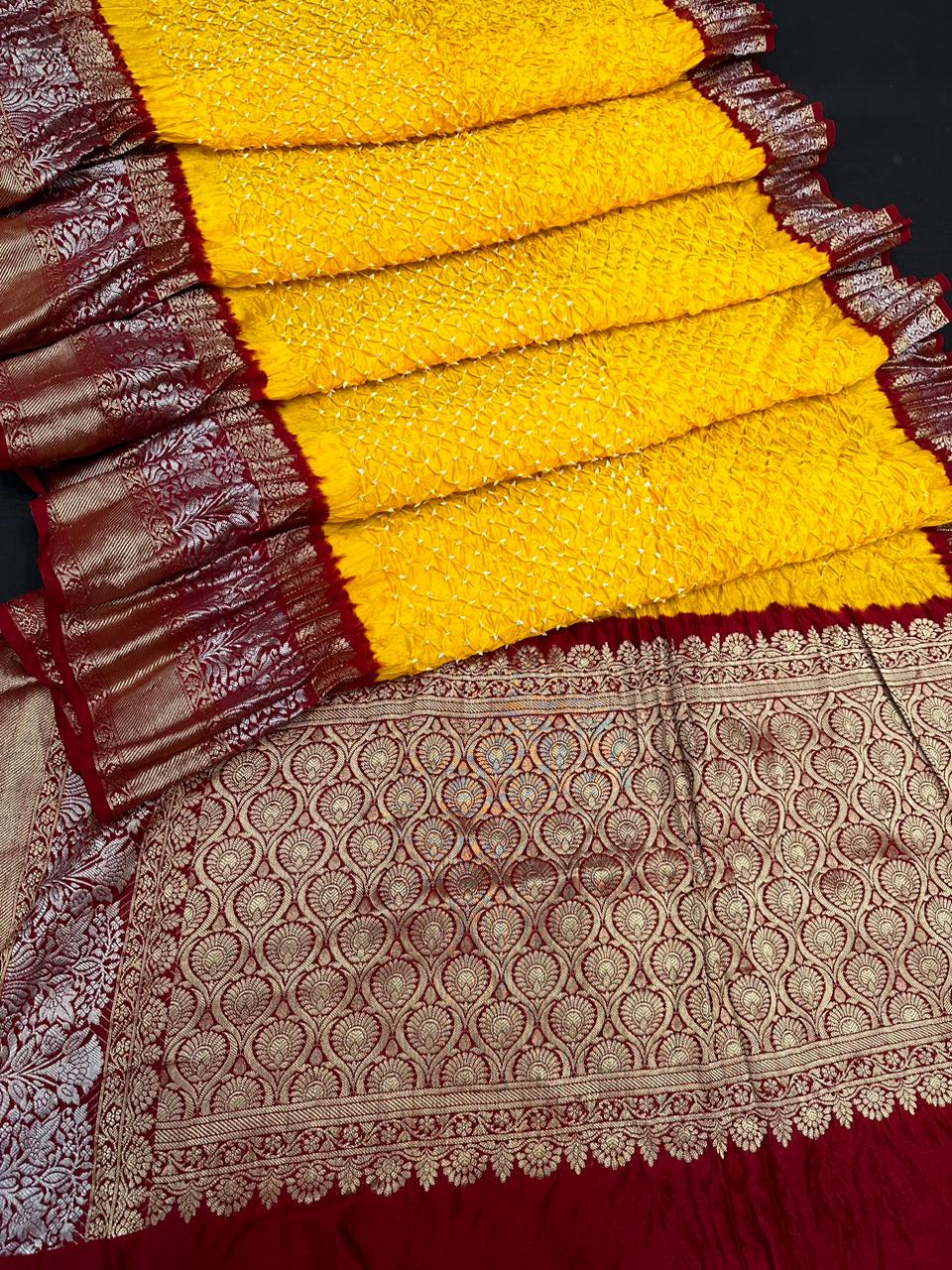 Red Gota Patti Handwork Pure Crepe Bandhani Saree – Elegantt Drapes